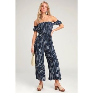 LuLus Navy Blue Multi Print Off-the-Shoulder Jumpsuit
